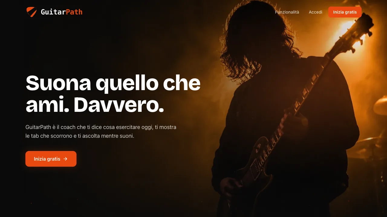 Home di GuitarPath: il titolo Suona quello che ami, la descrizione del coach e il pulsante per iniziare.